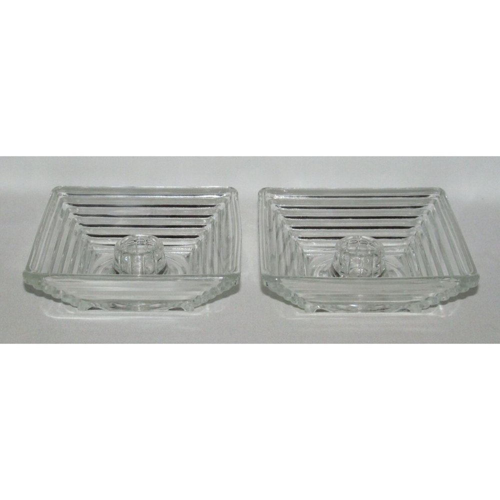 Anchor Hocking MANHATTAN Horizontal Ribbed Crystal Pair Square Candle Holders